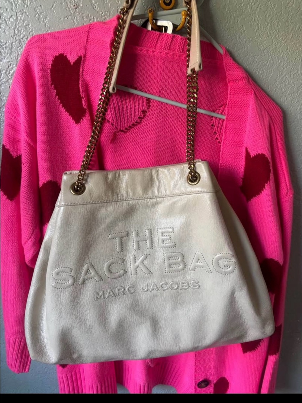 Marc Jacobs Cream Leather Sack Bag with Gold Chain Straps